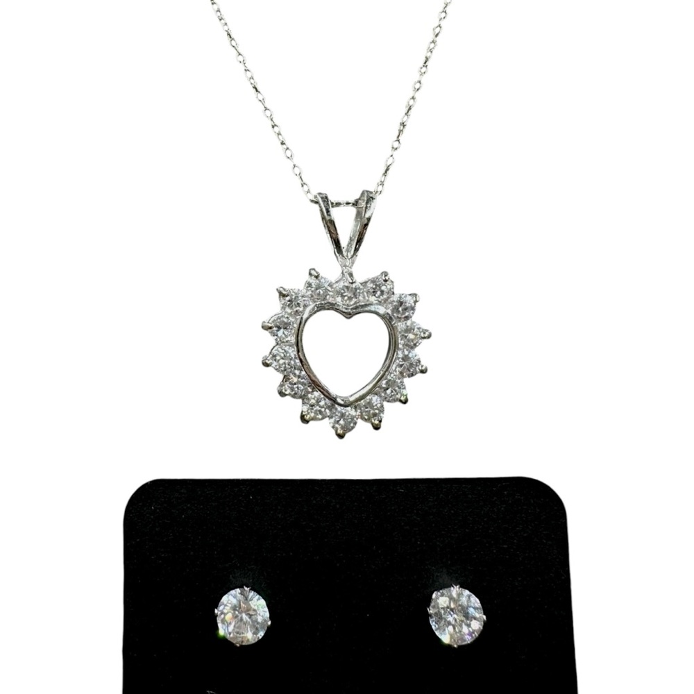 Sterling Silver Heart Pendant CZ Diamond Necklace Stud Earring Bundle 925 Italy